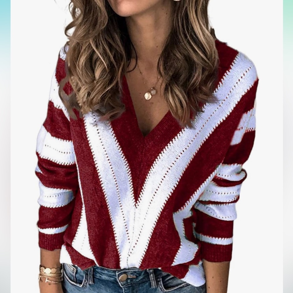Elapsy Color Block Striped V-Neck Sweater